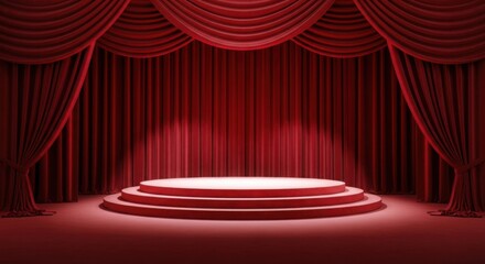 Elegant red velvet stage curtains and podium with spotlights