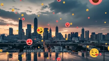 Cityscape at Dusk with Floating Emojis Representing Social Media Engagement. - Powered by Adobe