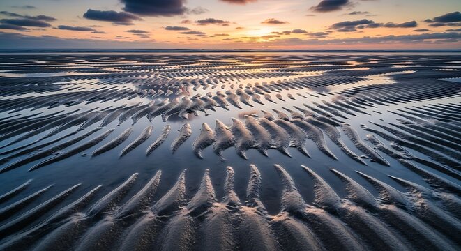 Rippling sand patterns on a beach at sunset with dramatic clouds reflecting in shallow water ocean