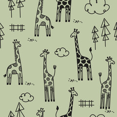 Playful Safari Giraffes Illustration Seamless Background Design