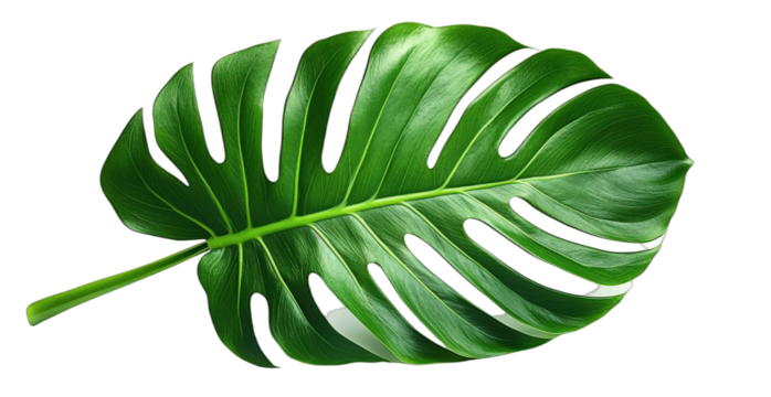 Large green Monstera deliciosa leaf with unique splits