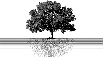 Minimal philosophical illustration of a tree and its roots symbolizing growth and foundation