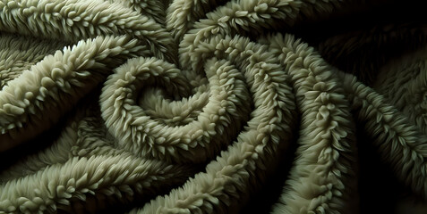Soft spiral texture with olive and sage tones forming fluffy waves. Abstract macro shot of luxurious fur-like fabric, creating a cozy, organic, and modern look perfect for elegant business design