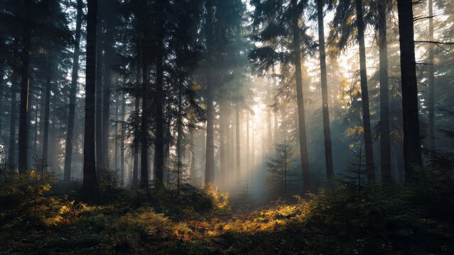 A misty forest in the early morning, tall trees, the sunrise light filtering in, a magical atmosphere.