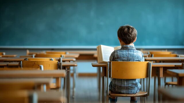 Solitude and concentration define this scene of a child immersed in reading at school. The empty classroom highlights themes of education, learning, and childhood development