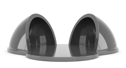 Two Glossy Gray Semi- Circular Pods Forming a Curved Platform on White Background semi-circular
