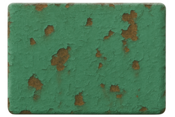 Peeling green paint revealing rust on a grungy metal texture, illustrating decay, aging, and weathered corrosion. Transparent background applied