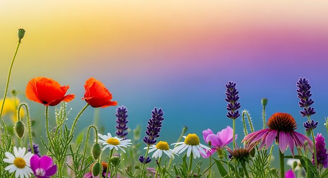 Vibrant Meadow of Wildflowers with a Soft Gradient Sky in Background floral nature