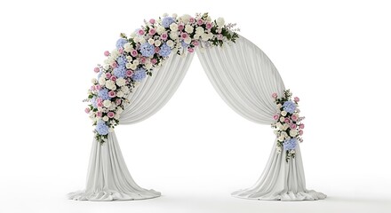 White Wedding Arch Draped with Fabric and Adorned with Pink and Blue Flowers ceremony marriage