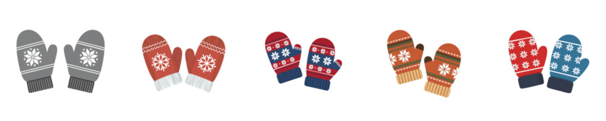 Snowflake Knitted Mittens Pair Christmas Holiday Decoration Vector Flat Set