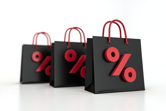 Four black shopping bags with red percentage symbols, representing discounts and sales promotions. Minimalist design on white background.