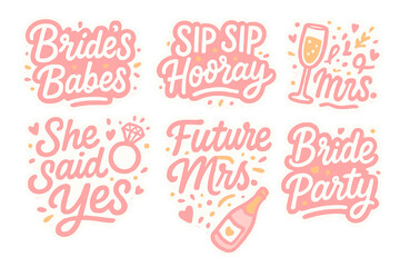 Wedding celebration flat icon set. featuring bride's babes, sip sip hooray, mrs, she said yes, future mrs, party symbols