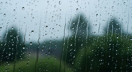 Raindrops on glass window pane with blurred green trees and grey sky background, wet clear water droplets texture