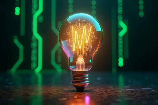 Glowing light bulb embedded with circuitry, surrounded by green digital pathwayssymbolizing innovation and technology fusion.