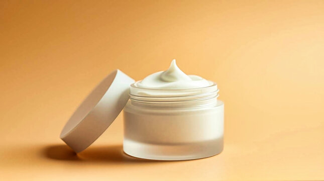 Minimal Skincare &ndash; Cremeglas auf Pastellhintergrund, Beauty Product Mockup &ndash; Open Cream Jar on Peach, Kosmetik Verpackung &ndash; Frosted Glass Jar with White Cream