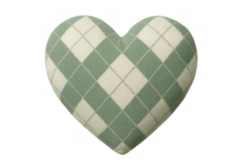 Heart shaped pillow with argyle pattern in green and white color for love, comfort, and home decor concept