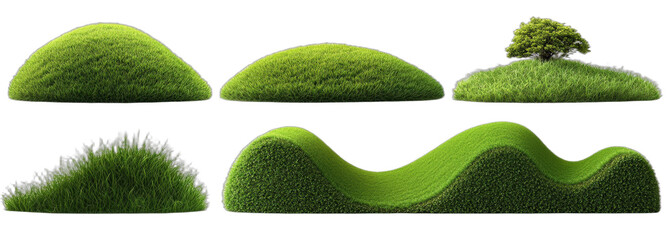 Various green grass mounds and a small tree for natural scenery design