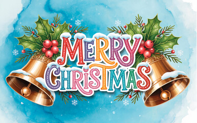 Merry Christmas Watercolor Bells Holly Card
