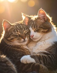 Two cats embrace, bathed in warm sunlight with eyes closed