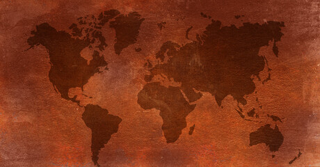 World map on Grunge rusty dark metal stone background  .Old map of the world in grunge style. Perfect vintage background. Realistic world map.  Background rust texture homogeneous rust surface