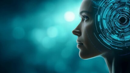 Profile of a woman with a glowing virtual interface, representing the synergy between human intelligence and digital technology. Futuristic atmosphere highlights AI and innovation trends