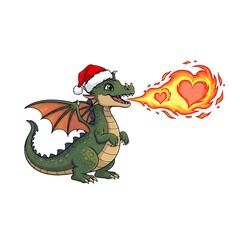 Fototapeta premium Cute Green Dragon Wearing Santa Hat Breathing Fire with Heart-Shaped Flames.