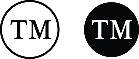 Trademark symbols vector set, TM icons in black and white, circular trademark badges, branding and legal mark illustrations for logos and packaging