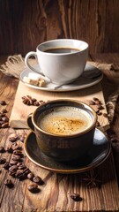 Two cups of coffee, beans, and wood create a warm, inviting scene