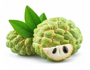 Two custard apples with leaves, one sliced