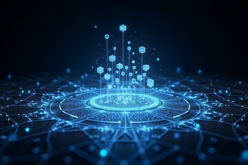 Futuristic blue hologram network center, glowing data nodes radiate energy on dark digital grid.