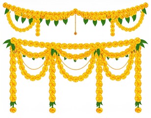 Two floral garlands of yellow blooms and green leaves