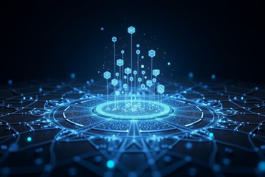 Futuristic blue hologram network center, glowing data nodes radiate energy on dark digital grid.