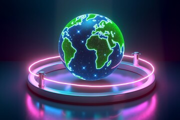Neon globe rotates on glowing ring, continents highlighted in vibrant green against dark background. Futuristic global connectivity concept.