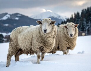 Two fluffy sheep stand in snowy field, mountains in background