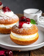 Two frosted, filled, glazed pastries with cherry topping and mint