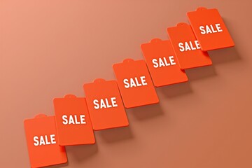 Five red sale tags with "SALE" text, gold strings, arranged on warm-toned surface. Minimalist shopping discount display.