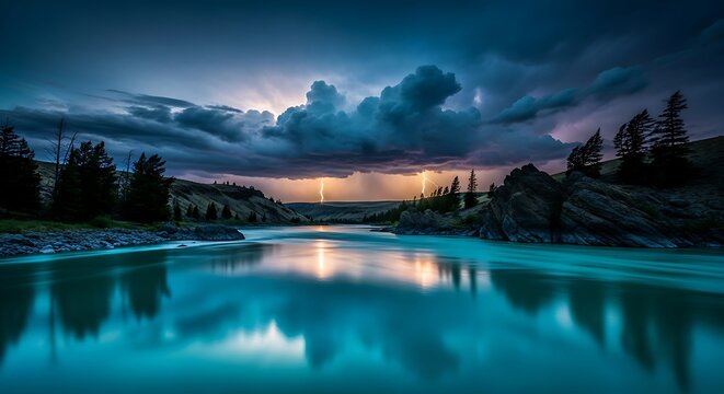 Lightning strikes over a river, illuminating the night with electric energy