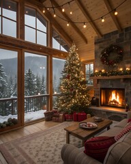 Naklejka premium The living room of a cozy mountain cabin decorated for Christmas.