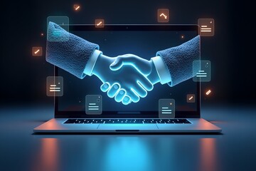 Digital handshake on laptop screen, glowing icons float around. Represents virtual collaboration and agreement in online business environment.