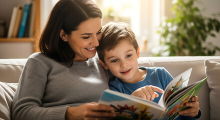 A smiling mother and son reading a colorful storybook together on a comfortable sofa indoors at home