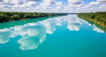 Turquoise river reflecting clouds surrounded by lush green forest on a sunny day