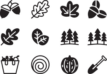 Forest and Nature Line Icon Set – Minimalist Acorn, Leaf, Tree, Apple, and Gardening Symbols for Eco, Organic, and Environmental Design