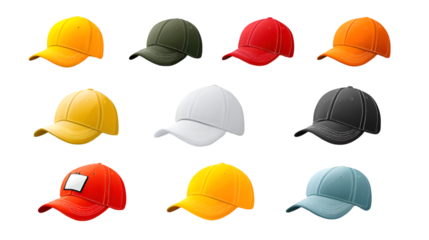 Collection of ten colorful baseball caps displayed in a grid against a black background showcasing variety in color and style