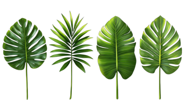 Four vibrant tropical green leaves for nature and plant themes