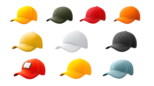 Collection of ten colorful baseball caps displayed in a grid against a black background showcasing variety in color and style
