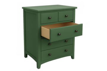 Green wooden chest of drawers with an open drawer offering storage space, isolated on transparent background