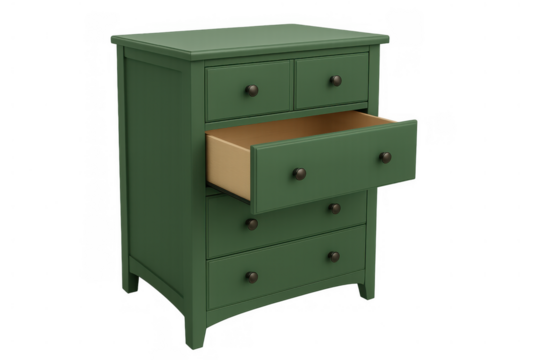 Green wooden chest of drawers with an open drawer offering storage space, isolated on transparent background