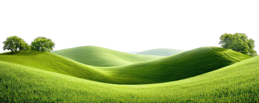 Lush green hills with trees under a clear sky