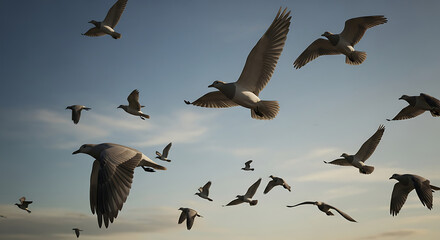 A flock of seagulls soaring high in the vast expanse of a bright blue sky on a sunny day outdoors