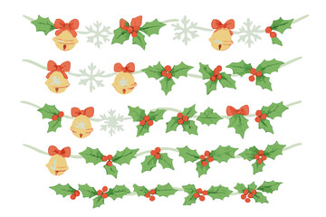 Christmas decoration flat icon set. featuring bells, holly, snowflakes, bows, and festive garland
